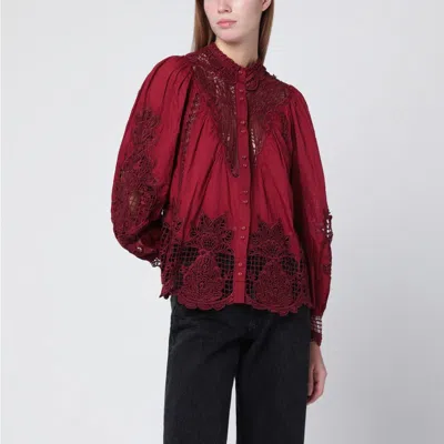 Farm Rio Guipure Lace Cotton Button-up Shirt In Burgundy In Multi
