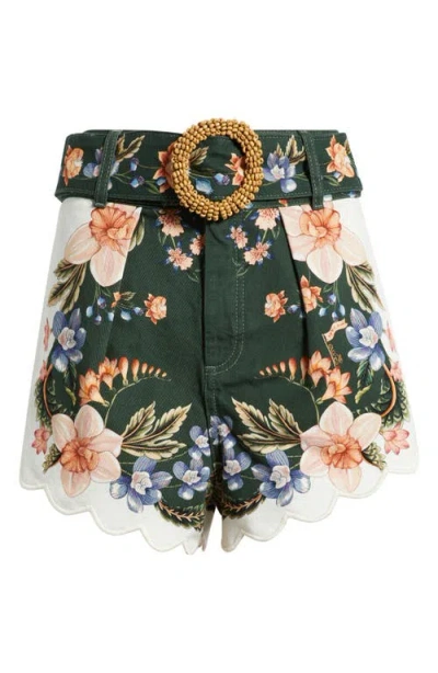 Farm Rio Berry Garden High Rise Belted Cotton Twill Shorts In Green