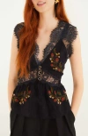 Farm Rio Berry Garden Lace Detail Sleeveless Top In Black