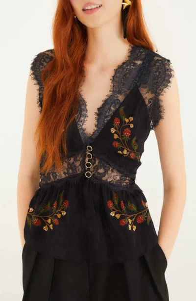 Farm Rio Berry Garden Lace Detail Sleeveless Top In Black