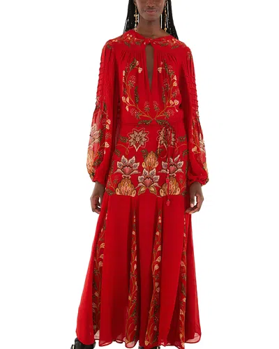 Farm Rio Red Berry Garden Long Sleeve Pleated Maxi Dress In Multi