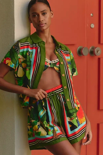 Farm Rio Bird Leaves Short-sleeve Buttondown Shirt In Black