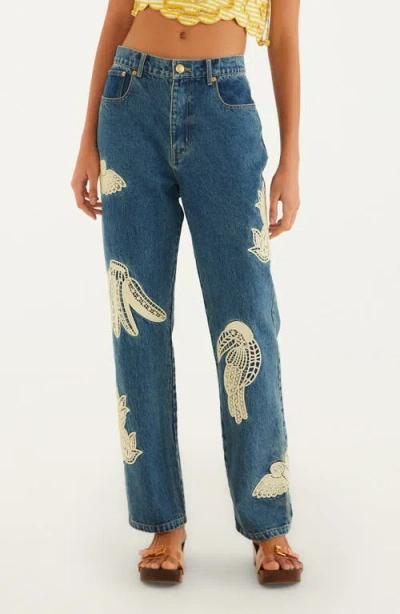 Farm Rio Birds Lace Appliqué Jeans In Blue