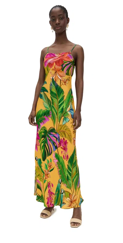 Farm Rio Birds Singing Yellow Slip Maxi Dress Yellow Multi