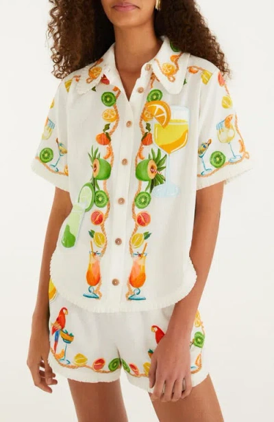 Farm Rio Biricutico Scarf Print Short Sleeve Linen Shirt In White
