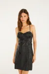 Farm Rio Black 3d Flower Leather Mini Dress In Black