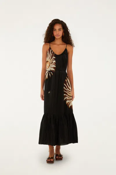 Farm Rio Black Ammonite Belted Pockets Open Back Maxi Dress
