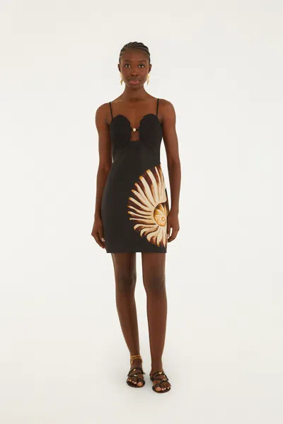 Farm Rio Black Ammonite Shell Bodice Cut-out Mini Dress In Brown