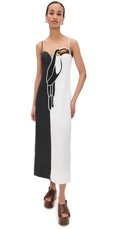 Farm Rio Black And White Embroidered Toucan Sleeve Dress Black And White In Multi