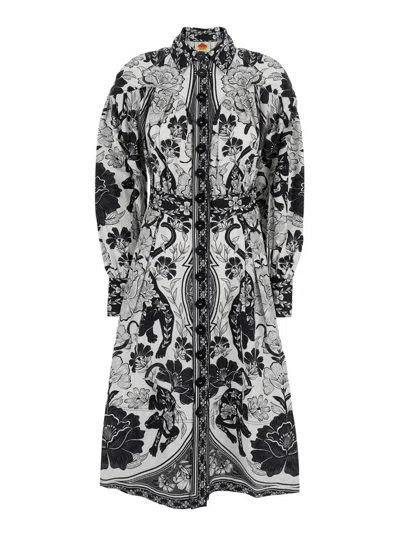 FARM RIO BLACK AND WHITE LONG DRESS WITH HIGH NECK AND ALL-OVER FLORAL PRINT IN COTTON WOMAN