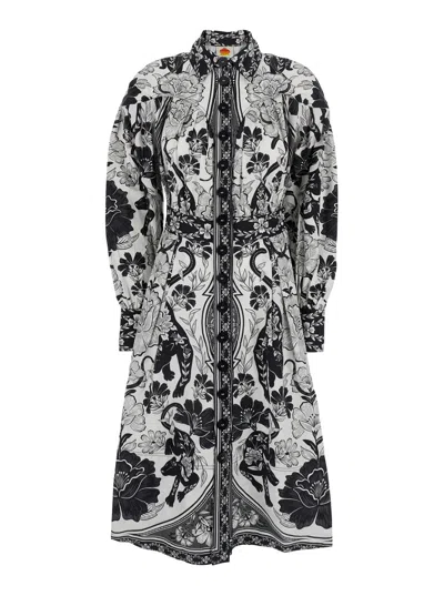 FARM RIO BLACK AND WHITE LONG DRESS WITH HIGH NECK AND ALL-OVER FLORAL PRINT IN COTTON WOMAN