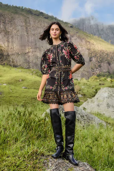 FARM RIO BLACK BELLE GARDEN LACE BELTED MINI DRESS