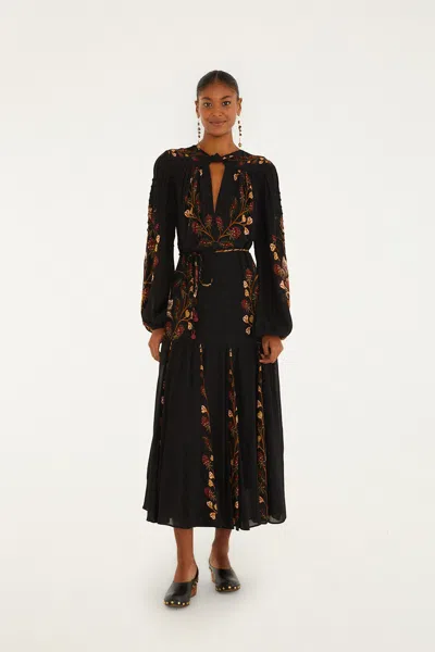 Farm Rio Black Berry Garden Long Sleeve Pleated Maxi Dress