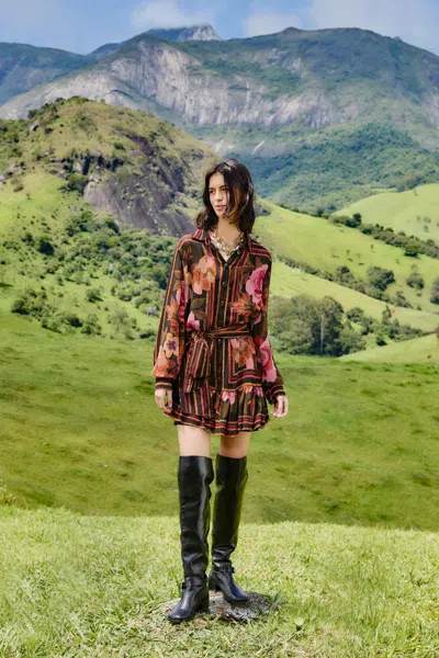 FARM RIO BLACK CHENILLE FLOWERS BELTED LONG SLEEVE MINI DRESS