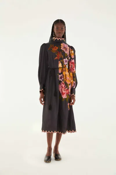 Farm Rio Black Chenille Flowers Lenzing Ecovero Viscose Midi Dress In Multi