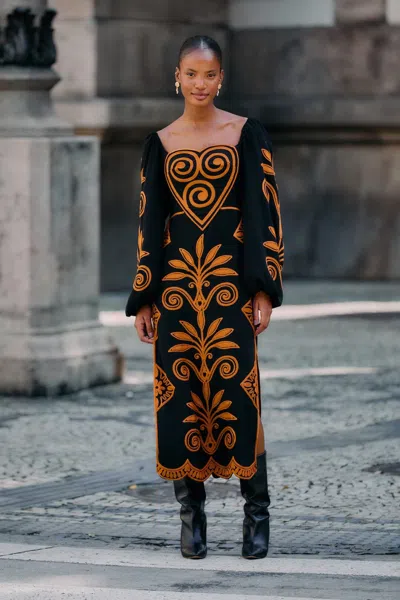 Farm Rio Black Cornely Ainika Embroidered Heart Midi Dress In Multi