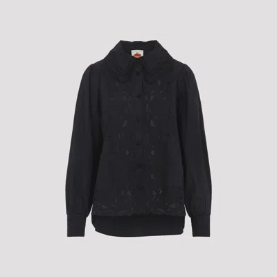 Farm Rio Embroidered Long Sleeve Shirt Lace Collar In Black
