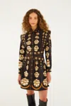 Farm Rio Black Embroidered Flowers Long Sleeve Organic Cotton Mini Dress In Brown