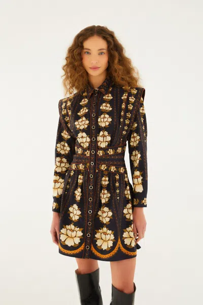 FARM RIO BLACK EMBROIDERED FLOWERS LONG SLEEVE ORGANIC COTTON MINI DRESS
