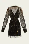 Farm Rio Black Embroidered Tulle Belted Long Sleeve Mini Dress In Neutral