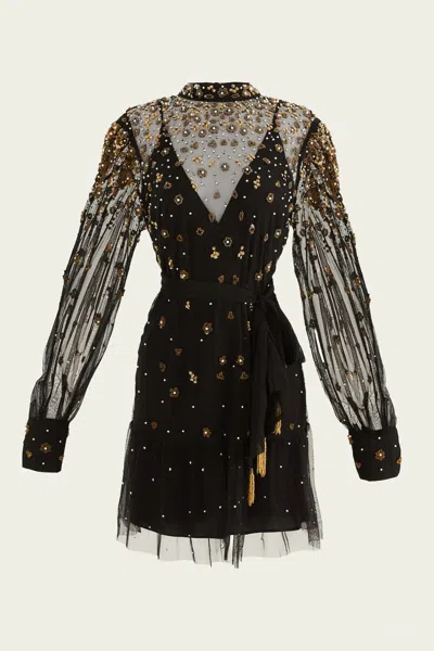 Farm Rio Black Embroidered Tulle Belted Long Sleeve Mini Dress In Neutral