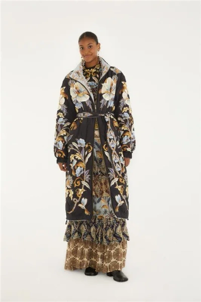 Farm Rio Black Flowerful Snake Garden Reversible Maxi Puffer Jacket In Multi