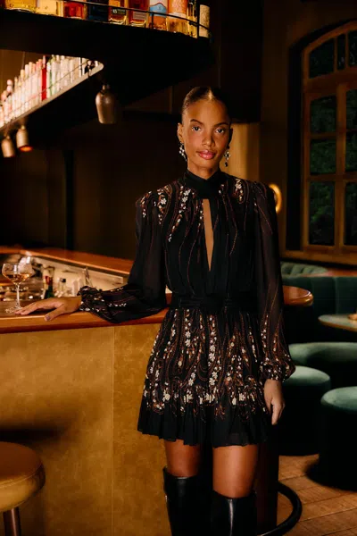 Farm Rio Black Garden 3d Rose Long Sleeve Ruffled Mini Dress In Multi