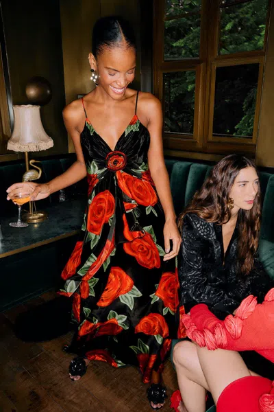 Farm Rio Black Latin Roses 3d Flower Layered Maxi Dress In Multi