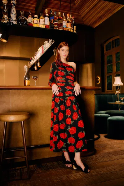 Farm Rio Black Latin Roses 3d Flower One-shoulder Draped Maxi Dress In Multi