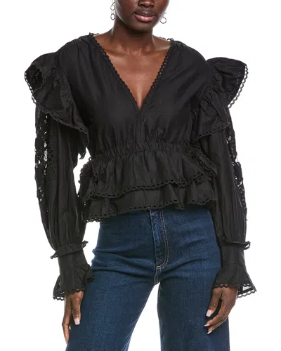 Farm Rio Black Long Sleeve V Neckline Blouse