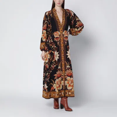 Farm Rio Black Majestic Garden Buttoned Puff Sleeve Maxi Dress In Brown