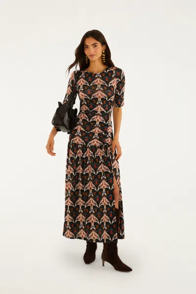 Farm Rio Black Porcelain Birds Long Sleeve Slim Maxi Dress In Porcelain Birds Black