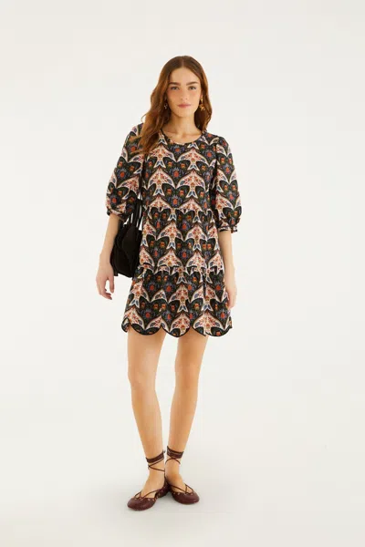 Farm Rio Black Porcelain Birds Puff Sleeve Mini Dress In Porcelain Birds Black