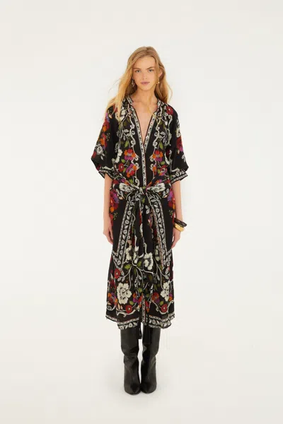 Farm Rio Black Rococo Flowers Belted Midi Dress