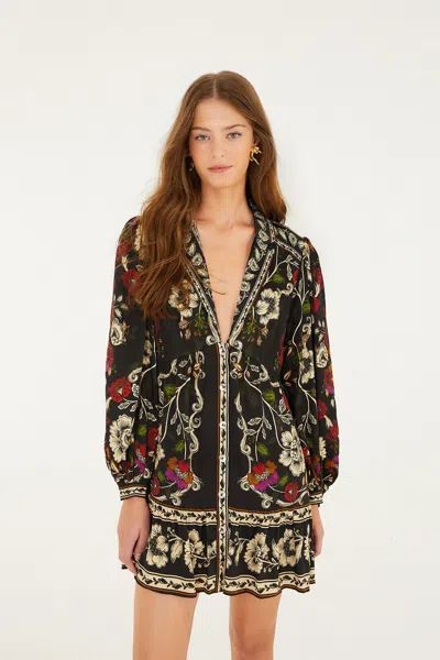 Farm Rio Black Rococo Flowers Lenzing Ecovero Viscose Mini Dress