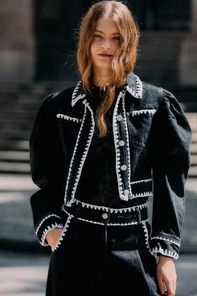 Farm Rio Black Romantic Crochet Embroidery Puff Sleeve Denim Jacket