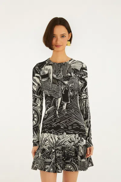 Farm Rio Black Ruta Ruffled Hem Mini Dress In Multi