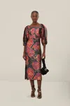 Farm Rio Black Shiny Chita Short Sleeve Midi Dress In Multi