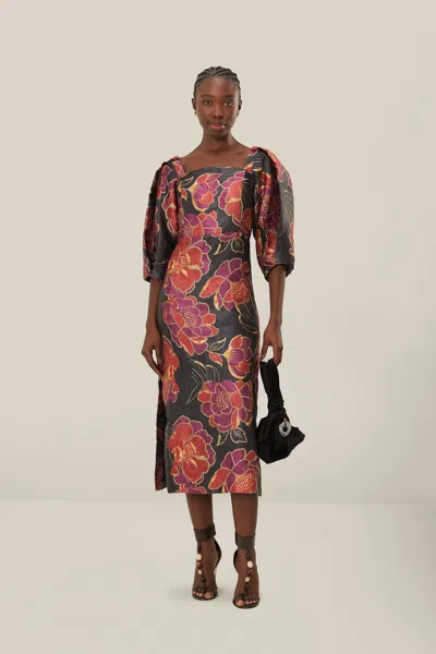 Farm Rio Black Shiny Chita Short Sleeve Midi Dress In Multi