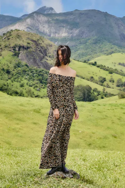 Farm Rio Black Tiny Flowers Long Sleeve Maxi Dress In Multi