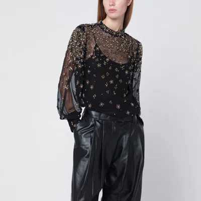 Farm Rio Black Tulle Blouse With Beads