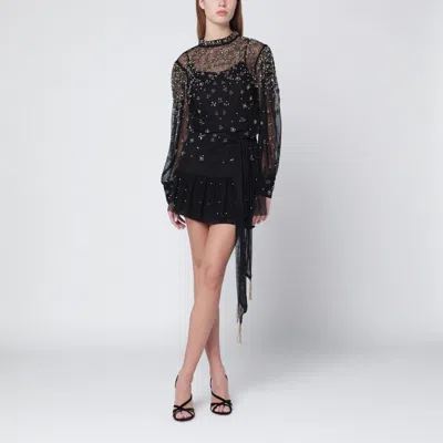 Farm Rio Black Embroidered Tulle Belted Long Sleeve Mini Dress In Neutral