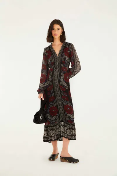 Farm Rio Black Valentina Ruffled Long Sleeve Midi Dress In Multi