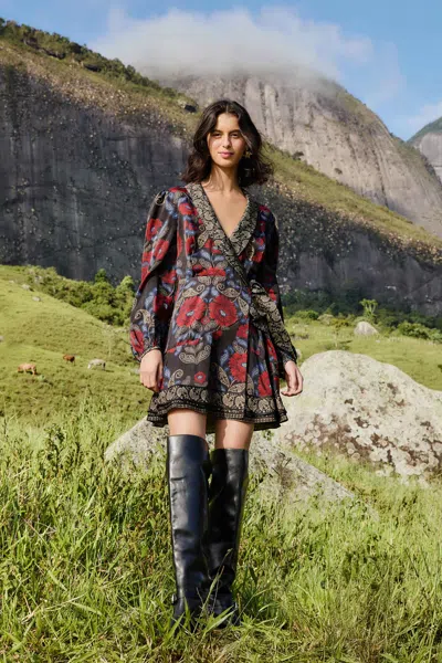 Farm Rio Black Valentina Wrap Lenzing Ecovero Viscose Mini Dress In Multi