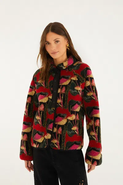 Farm Rio Black Wild Mushrooms Fleece Bomber Jacket In Multi
