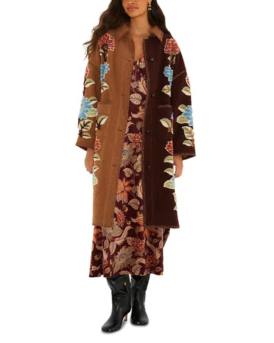 Farm Rio Blanket Stitch Fleece Midi Coat In Brown