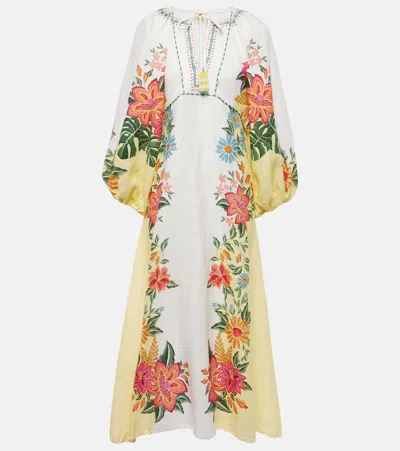 Farm Rio Bloom Garden Embroidered Linen Maxi Dress In Bloom Garden Off-white