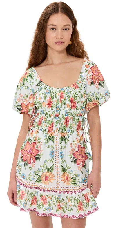 Farm Rio Bloom Garden Off White Short Sleeve Mini Dress Bloom Garden Off White In Off-white