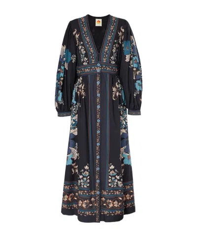 Farm Rio Blossom Tapestry Cotton Midi Dress In Black