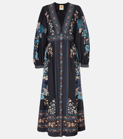 Farm Rio Blossom Tapestry Floral-print Button-front Midi Dress In Black